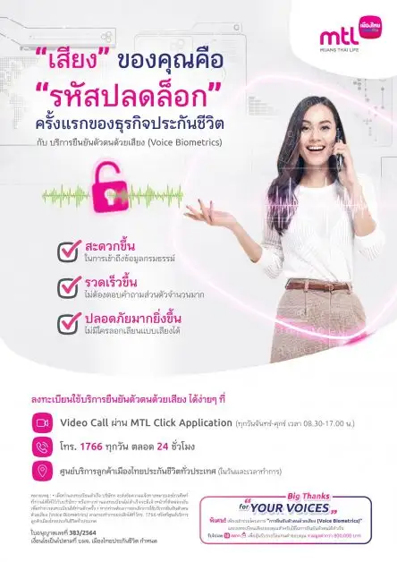 เมืองไทยประกันชีวิต เปิดตัวนวัตกรรมใหม่ บริการยืนยันตัวตนด้วยเสียง (Voice Biometrics) ยกระดับการบริการ นับเป็นครั้งแรกของธุรกิจประกันชีวิต