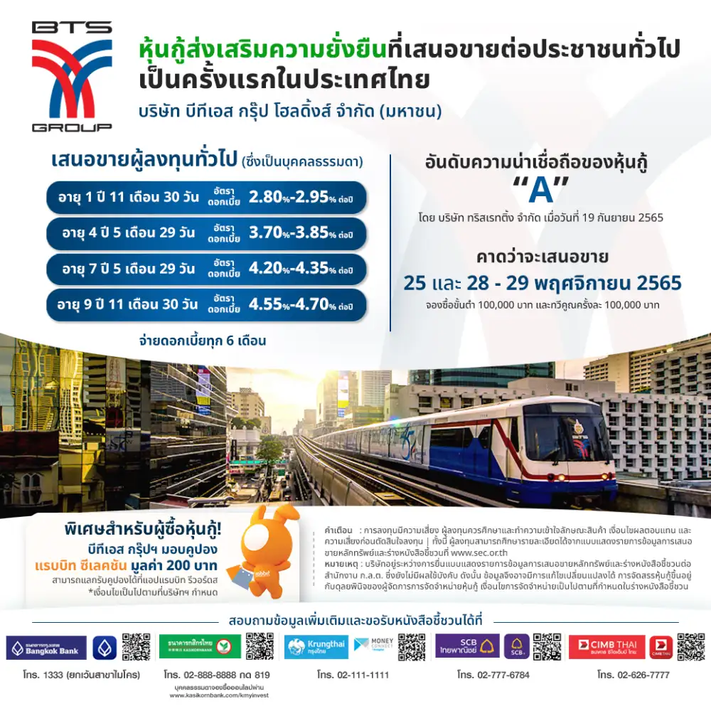 บีทีเอส กรุ๊ปฯ กำหนดช่วงอัตราดอกเบี้ย 'หุ้นกู้ส่งเสริมความยั่งยืน'จำนวน 4 รุ่นที่ 2.80% -4.70% เสนอขายวันที่ 25 และ 28-29 พ.ย.นี้