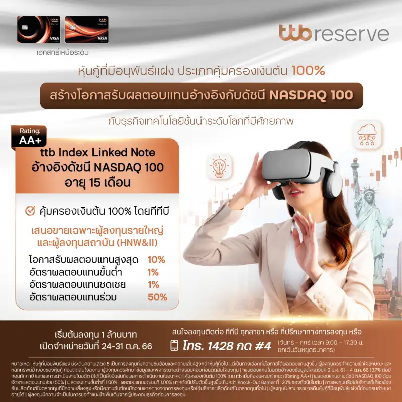 ทีทีบี เตรียมเสนอขายหุ้นกู้ที่มีอนุพันธ์แฝงอ้างอิงดัชนี NASDAQ 100 ที่ออกโดย ttb อันดับความน่าเชื่อถือของหุ้นกู้ที่มีอนุพันธ์แฝงที่ระดับ AA+