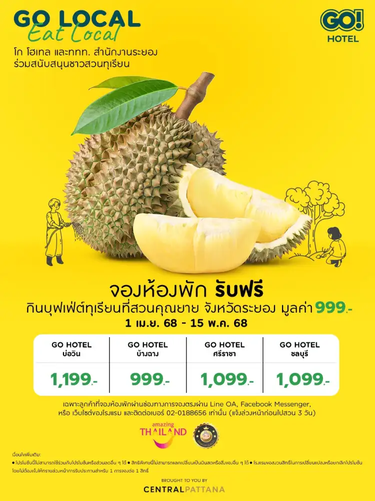 โปรแรงรับซัมเมอร์! GO Hotel จับมือ ททท.ระยอง ส่งแคมเปญ 'Go Local Eat Local' จองห้องพัก 4 สาขา ฟรีบุฟเฟต์ทุเรียน จองเลย!! วันนี้ถึง 15 พ.ค.นี้