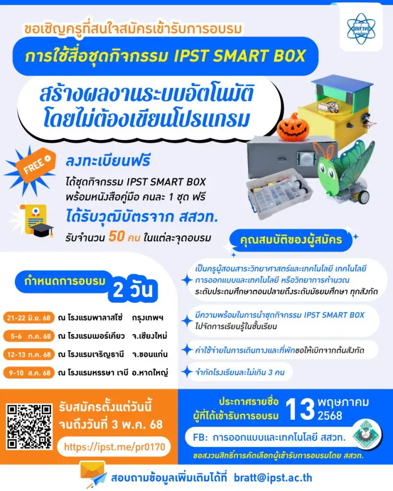 สสวท. อบรมครูวิทย์และเทคโนโลยี 4 ภาค สมัครได้ถึง 3 พฤษภาคมนี้